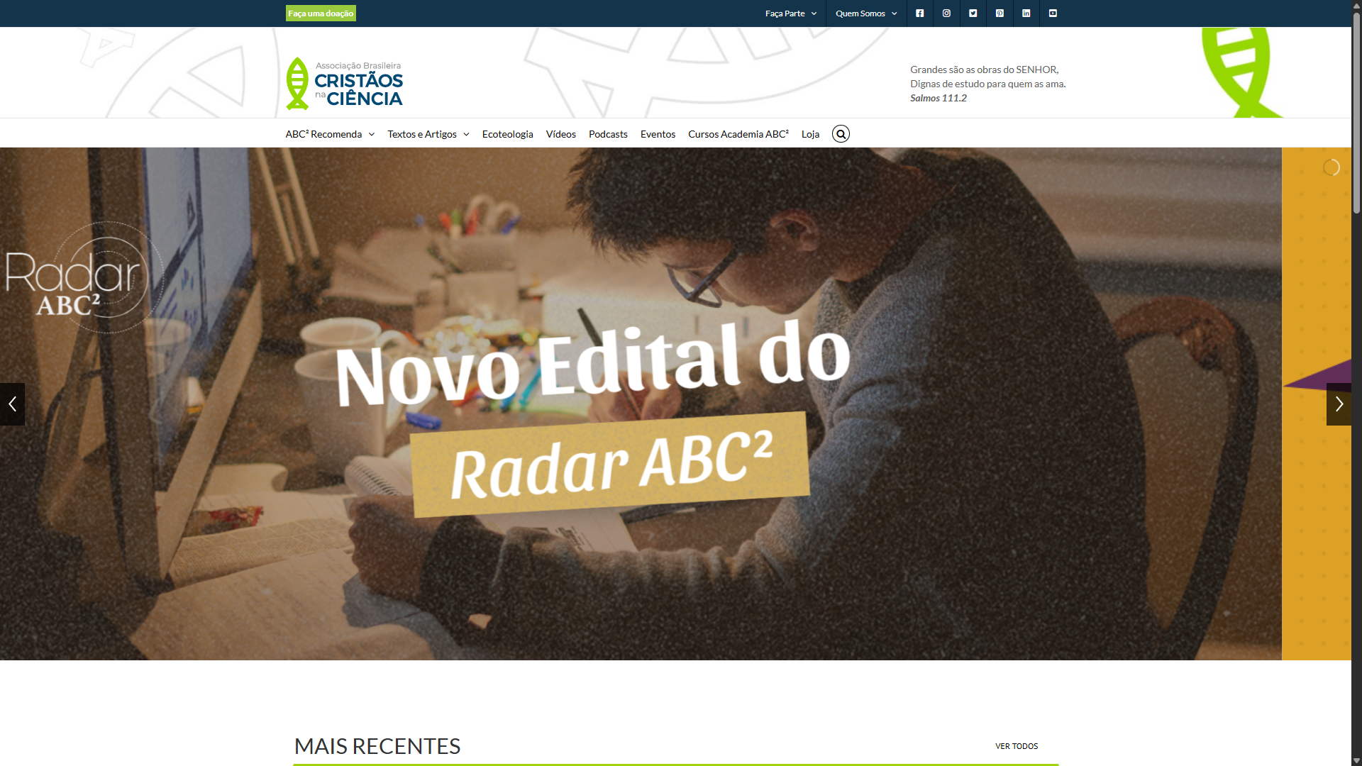 Tela principal do projeto Associação Brasileira de Cristãos na Ciência