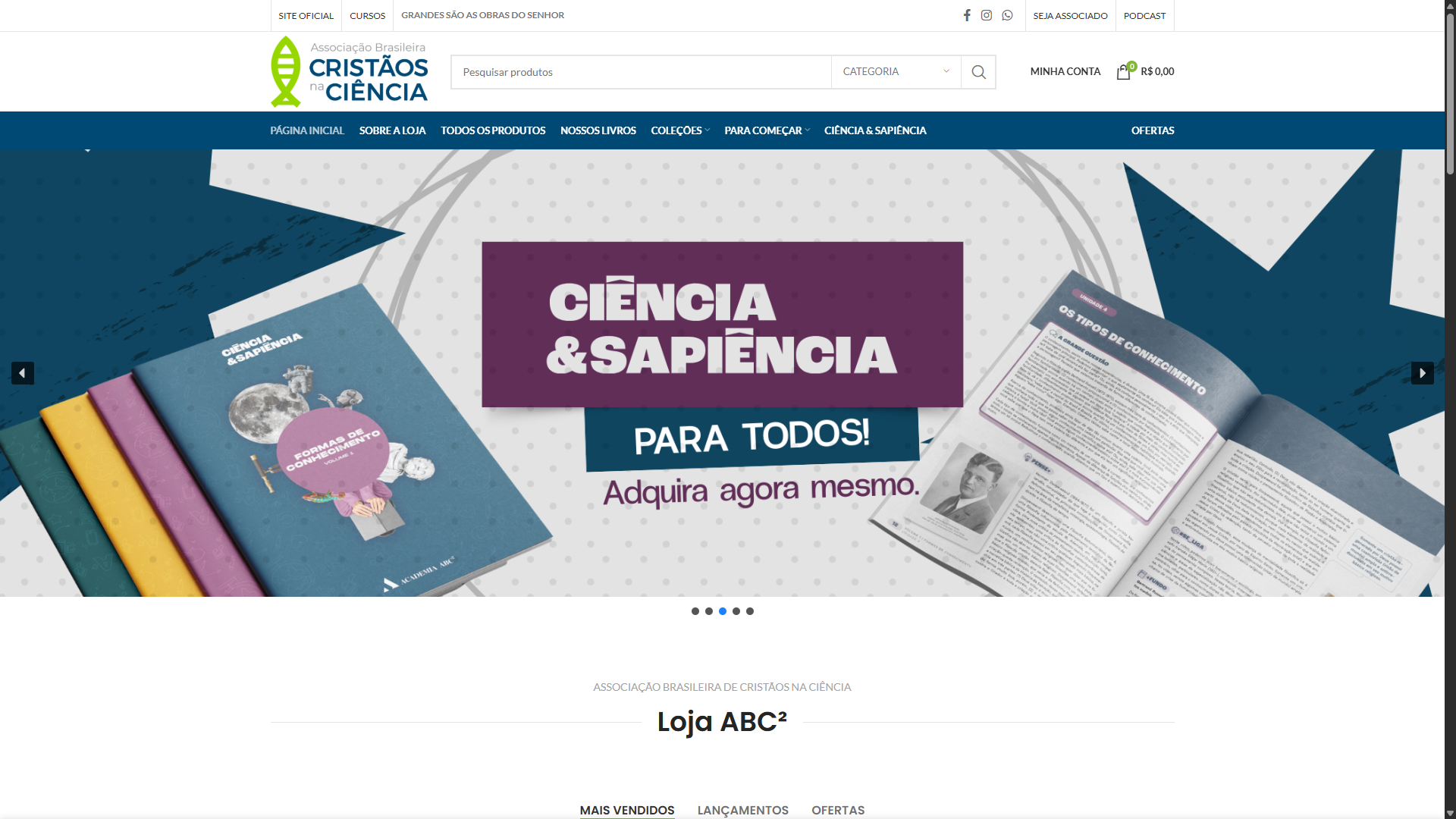 Tela principal do projeto Loja Virtual ABC2 - Associação Brasileira de Cristãos na Ciência